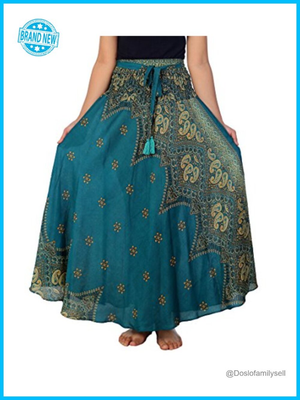 Boho Maxi Skirt for Women Elastic Waist Drawstring Tassels Hippie